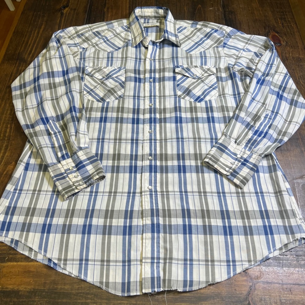 Karman Gold Collection Mens Blue Grey Plaid Western‎ Pearl Snap Shirt Large XL